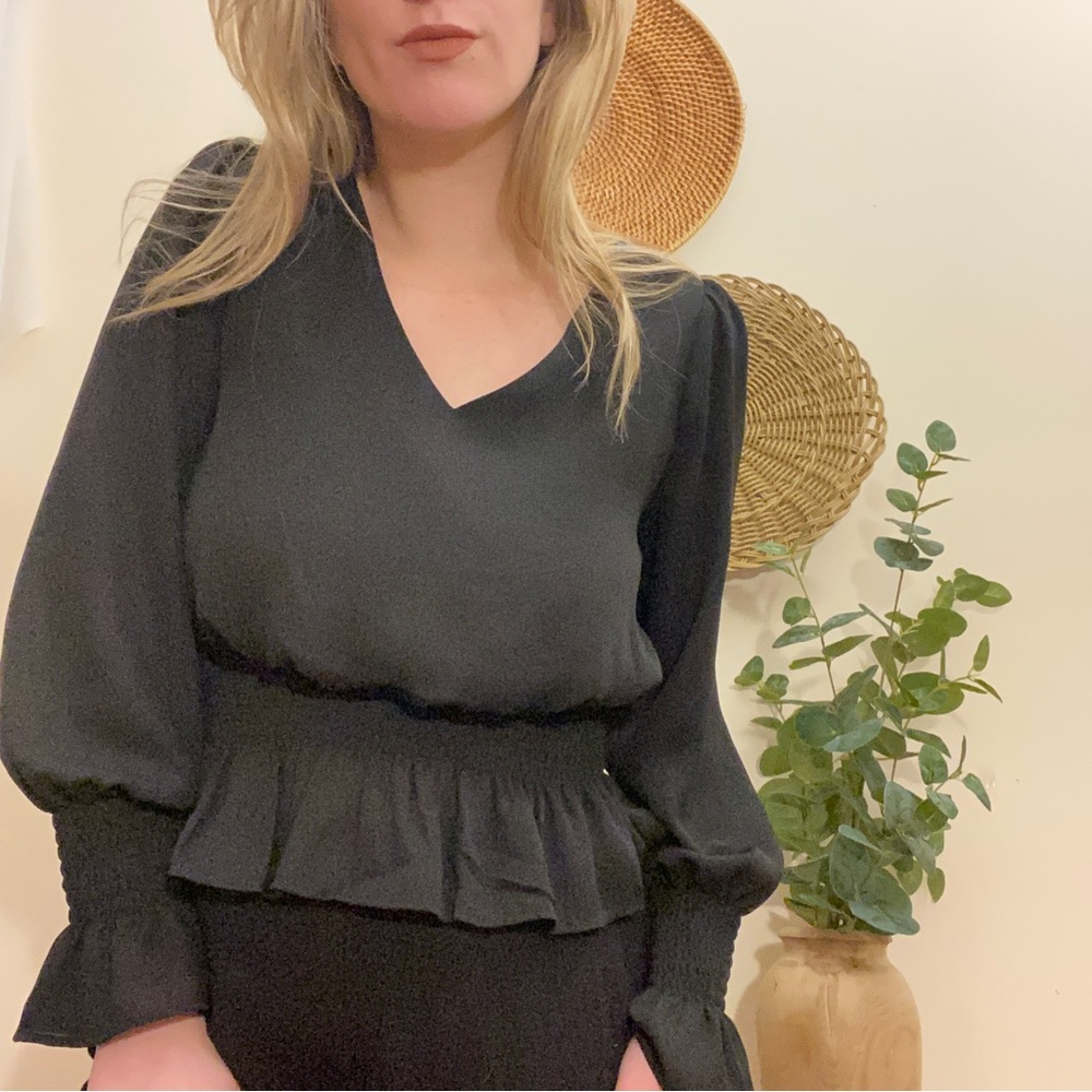 Boho Peplum Style Bell Sleeved Black Blouse